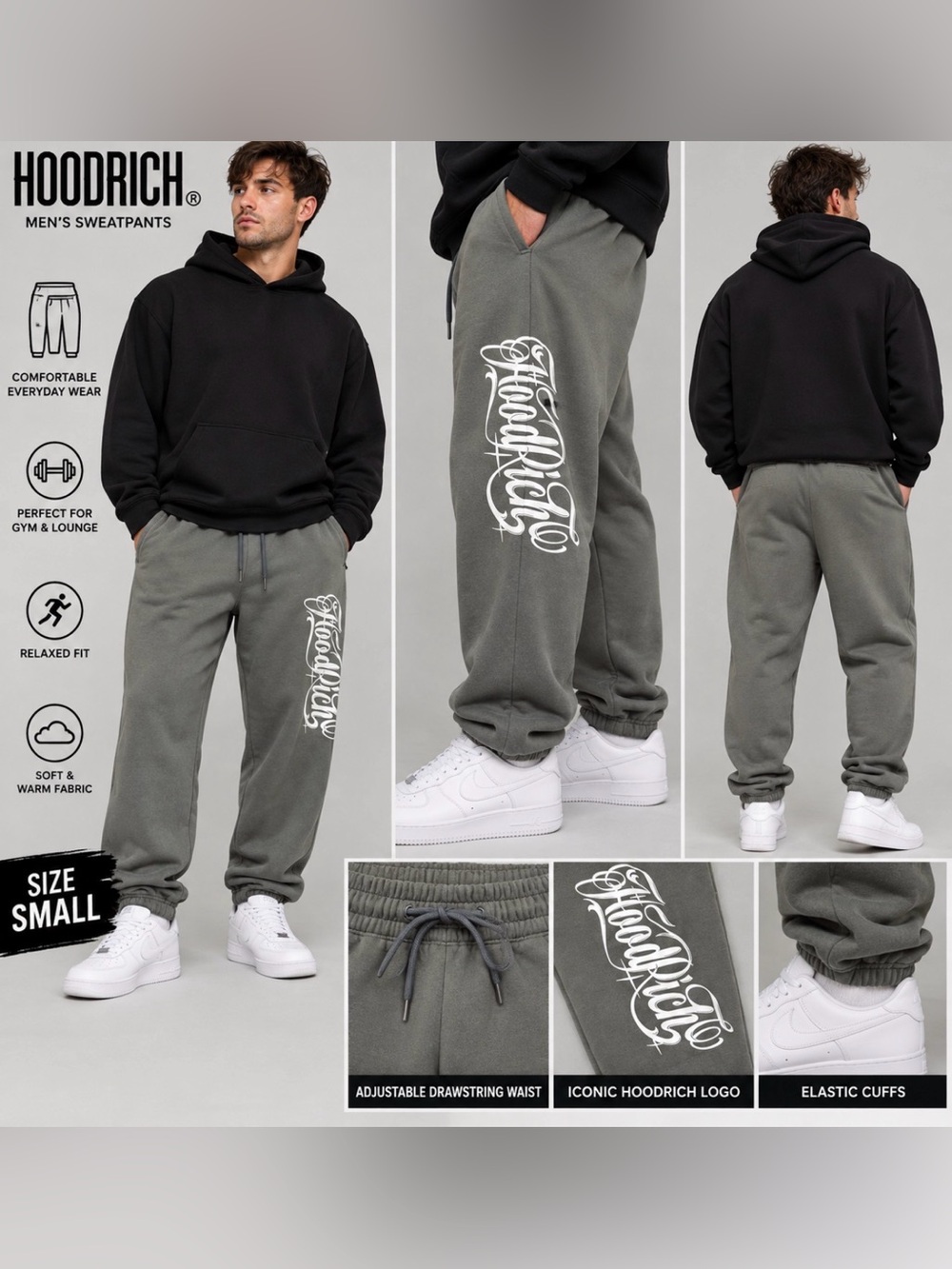 Hoodrich Men’s Script Logo Jogger Sweatpants Gray Size Small NWT